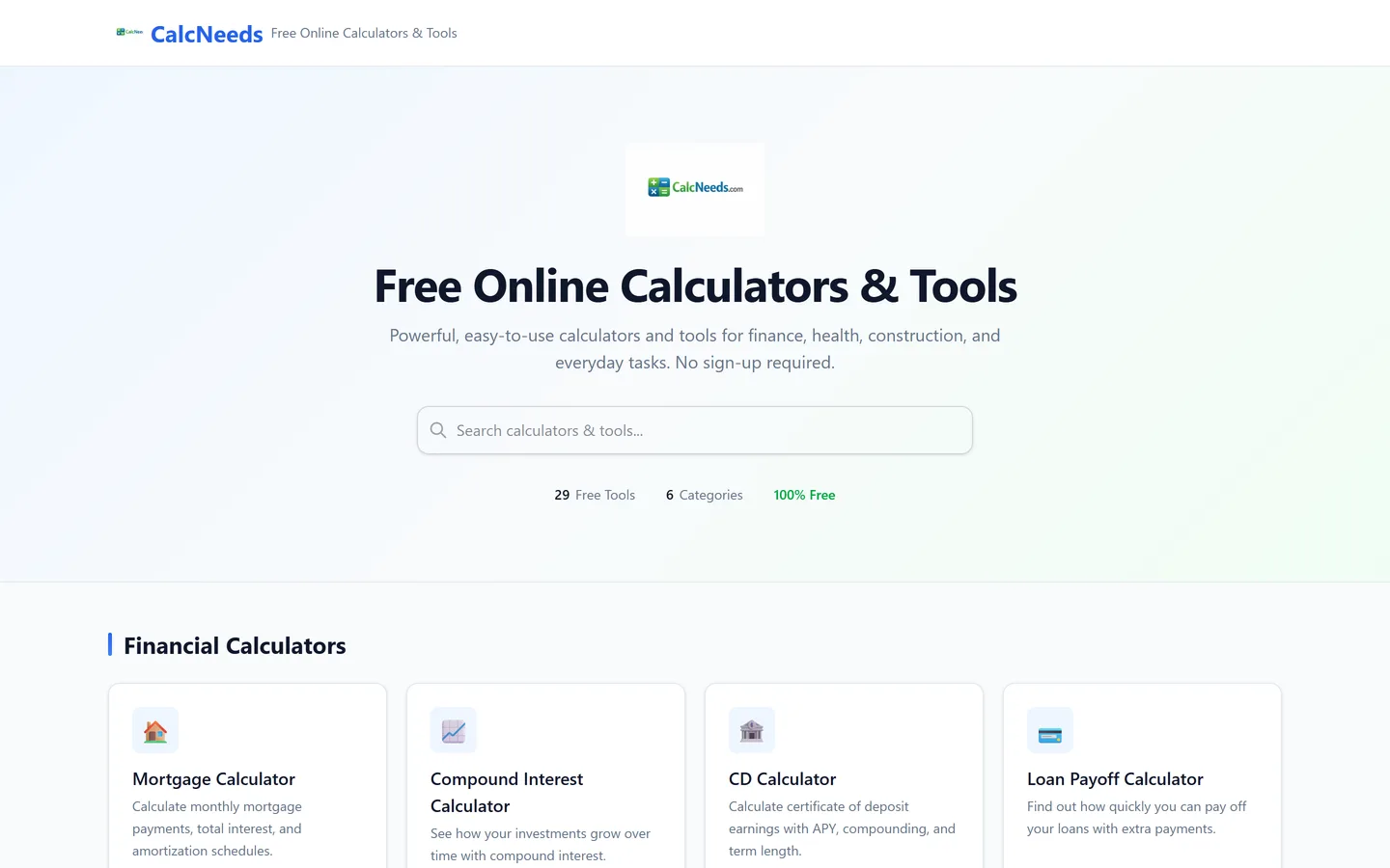Screenshot of the CalcNeeds website