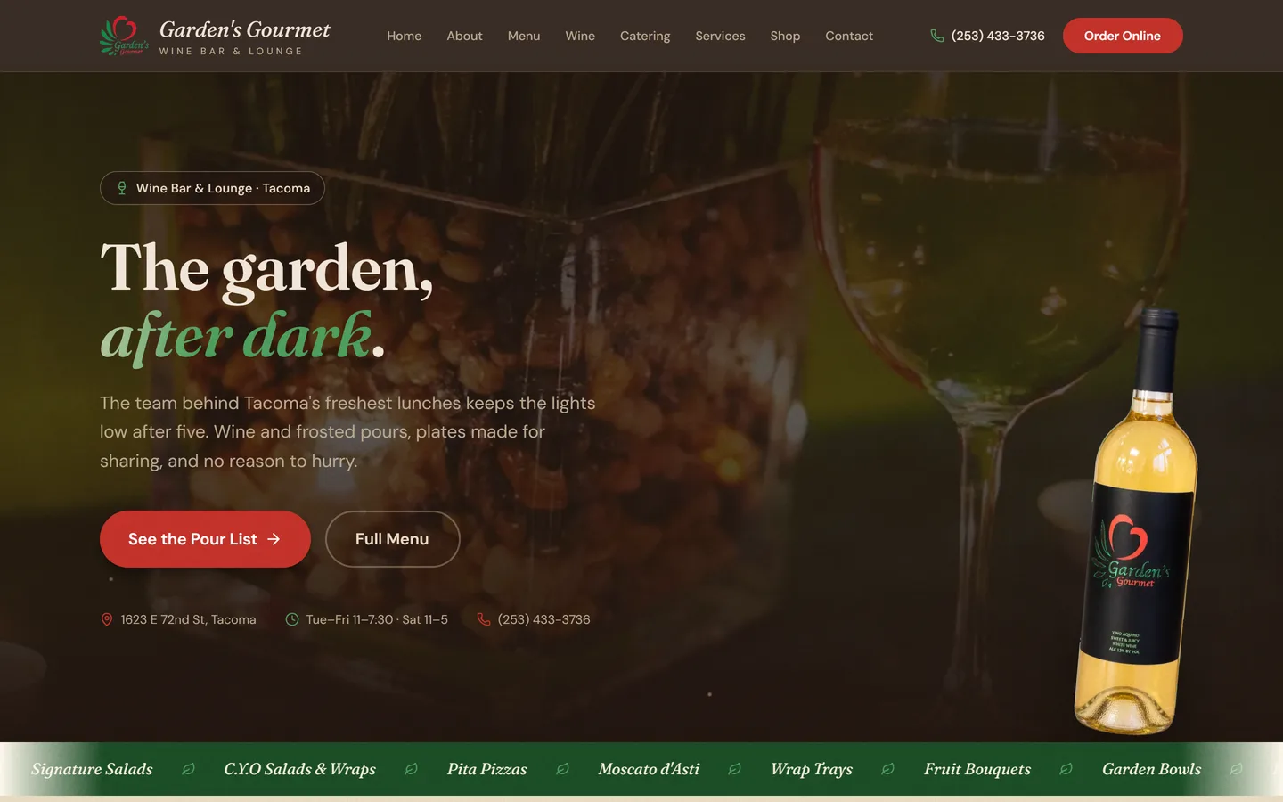 The Garden's Gourmet homepage we built — 'The garden, after dark'