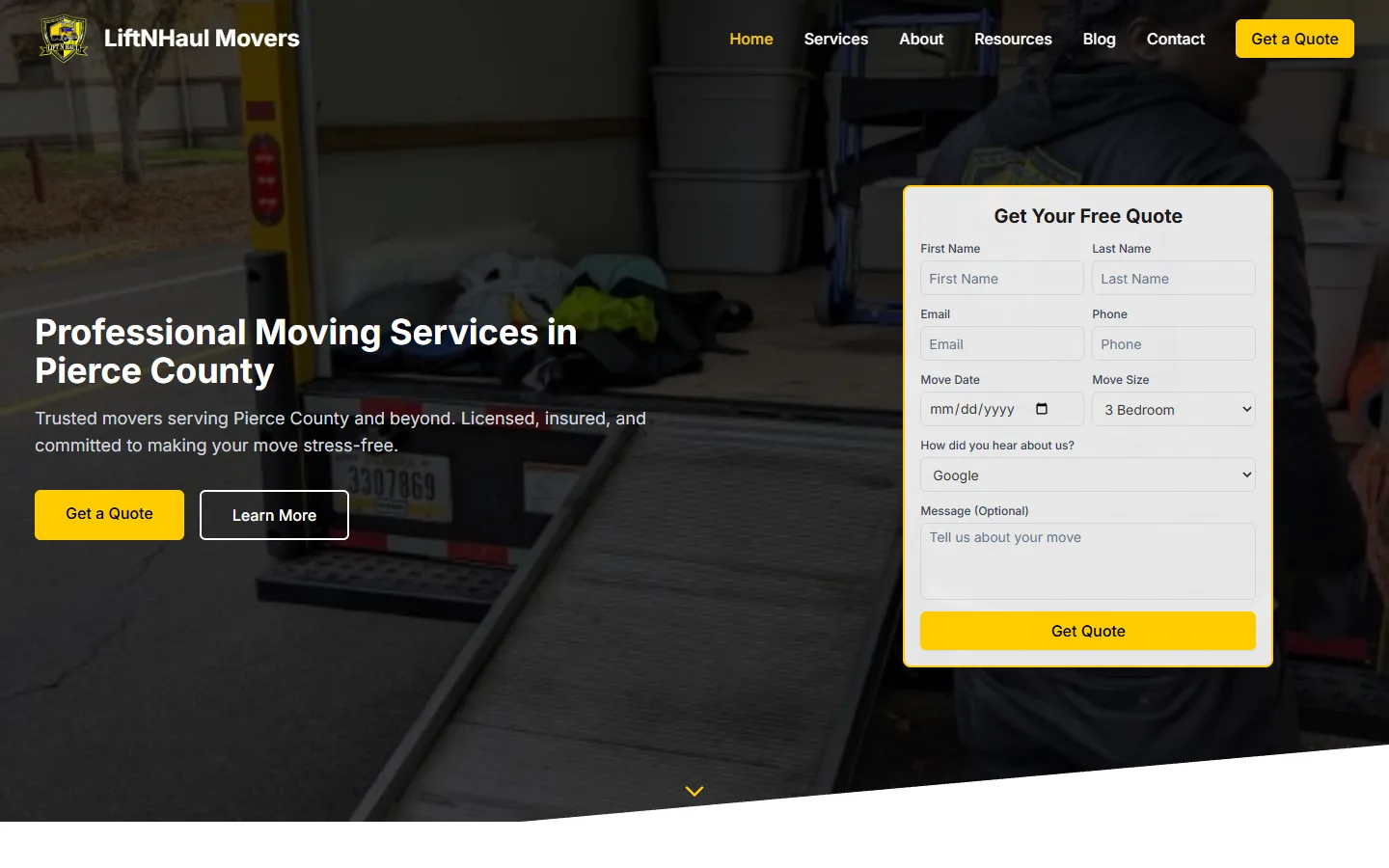 Screenshot of the LiftNHaul website